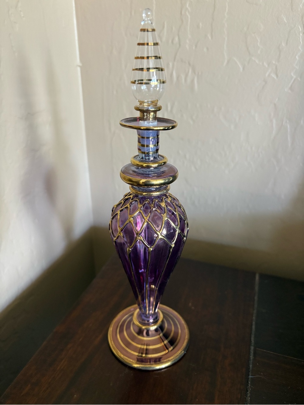 Vintage Egyptian Purple and Gold Hand Blown Glass Perfume Bottle